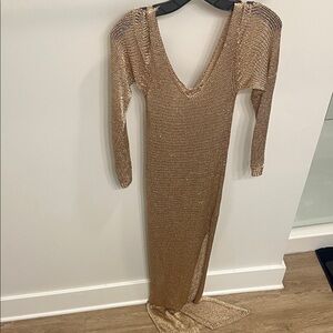 Double Split Gold Knit Long Sleeve Dress